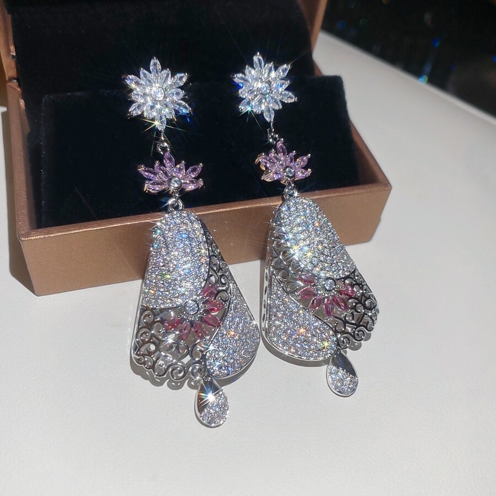 Elegant Silver-tone Pink & Clear Crystal Drop Earrings